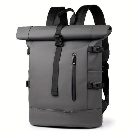Men's roll-top waterproof backpack in grey - front view