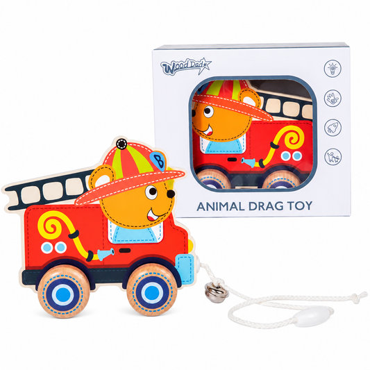Wooden pull-along fire truck toy for toddlers