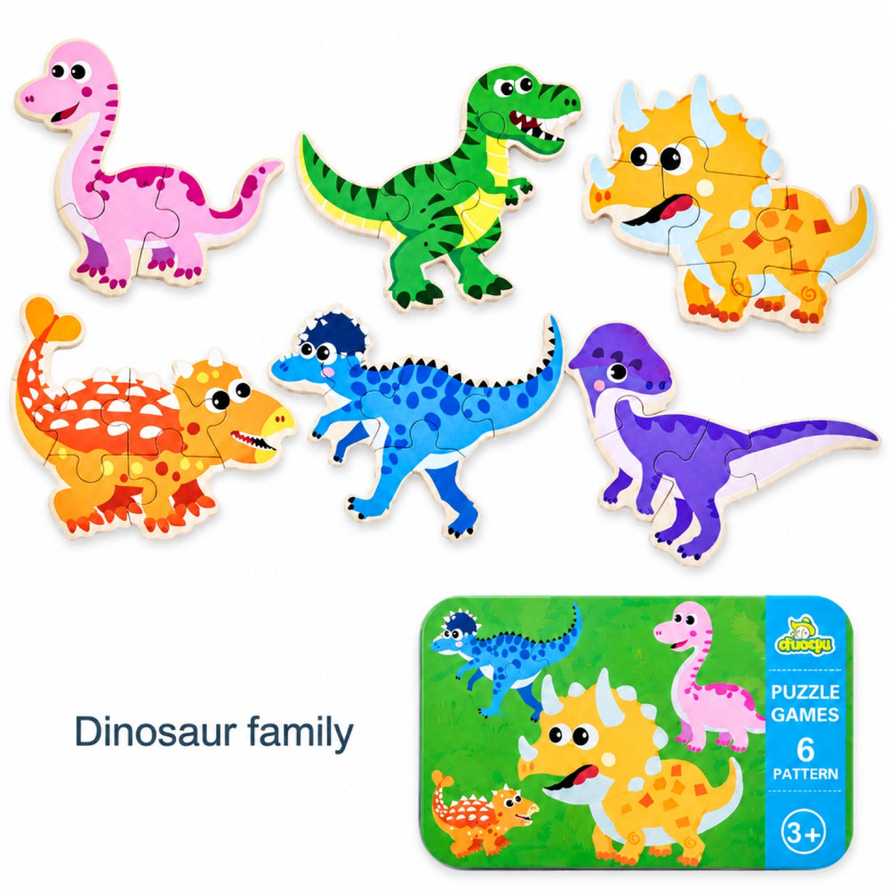 Wooden Toddler Puzzles Set of 6 in Tin Box, Montessori Toy
