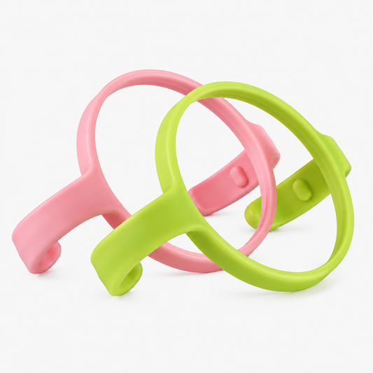 Pink silicone baby bottle handle set, 2-pack, ergonomic grip, clean white background