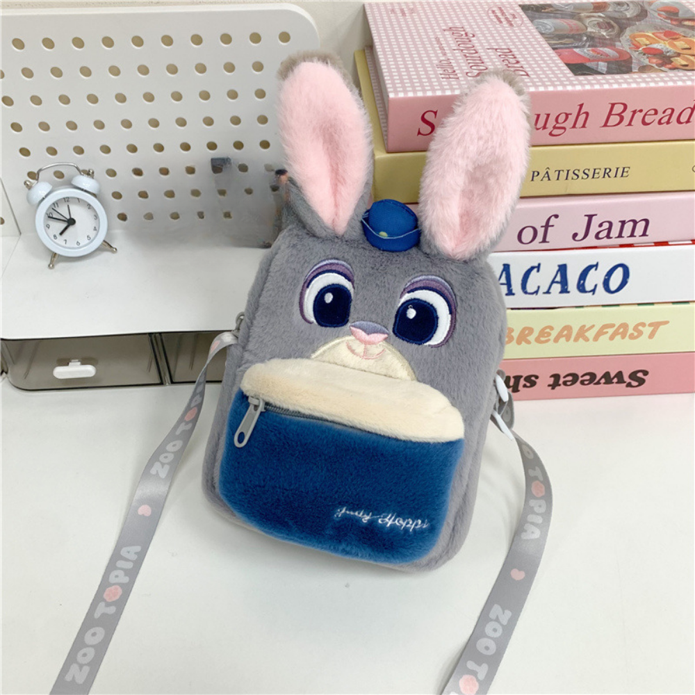Grey plush cartoon crossbody bag