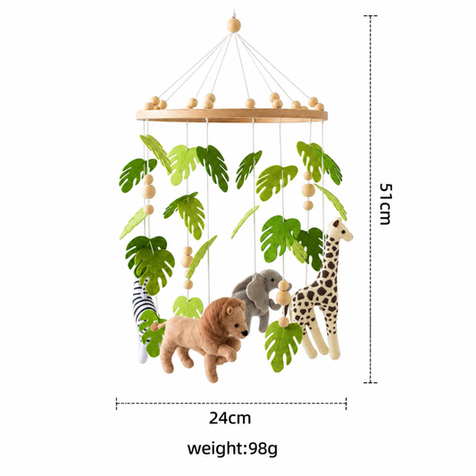 Wooden cot mobile arm bracket with hook, close-up