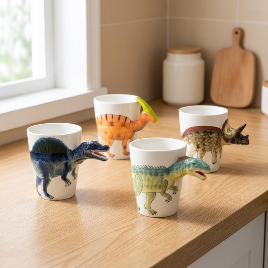 Hand-painted ceramic dinosaur mug, front view