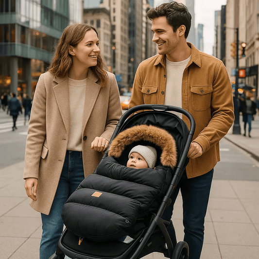 Universal baby stroller footmuff in Black, fitted on a stroller