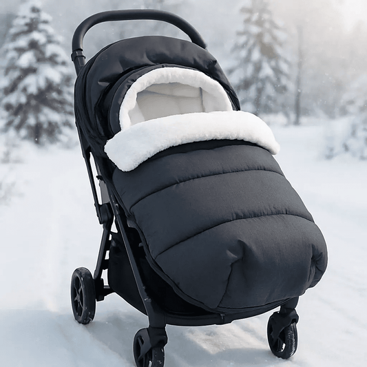 Thermal baby stroller footmuff in Black, fitted on a stroller