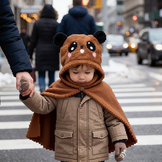 Baby hooded cape shown in brown, worn by a toddler outdoors, front view