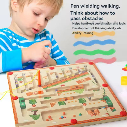 Child using the magnetic wand to guide a bead through the wooden maze board