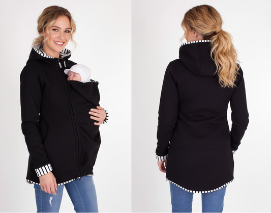 Front and back views of a woman wearing the black kangaroo babywearing jacket