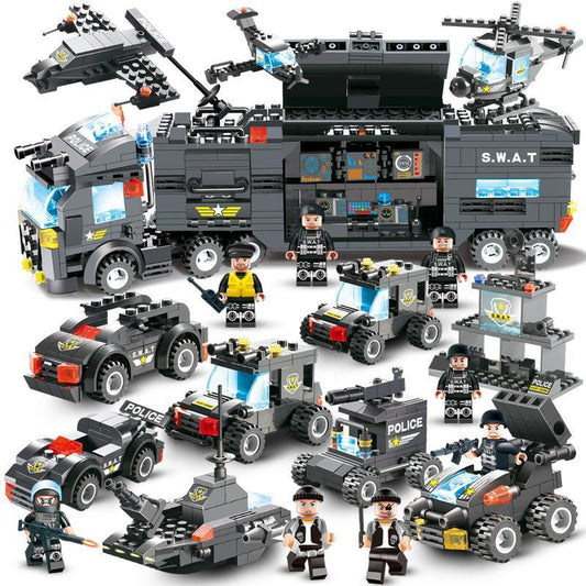 Fully assembled SWAT police truck with mini figures and accompanying vehicle builds