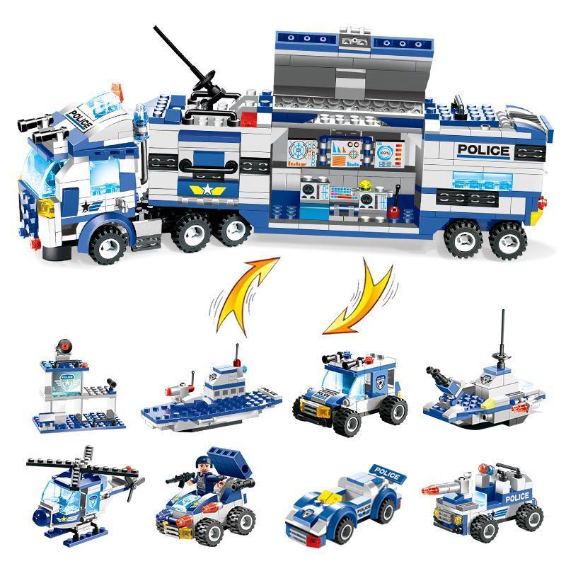8-in-1 SWAT City Police Truck & Station Building Block Playset