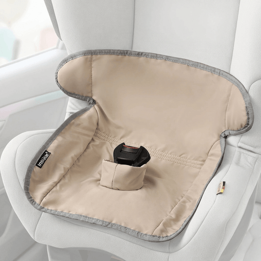 Portable child seat cushion shown from the front with padded seating area
