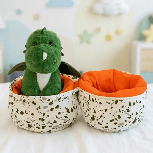 Plush dinosaur egg toy with soft hatching dinosaur peeking out
