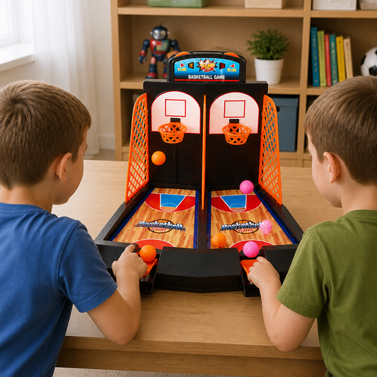 Two kids playing the tabletop basketball shootout game head-to-head