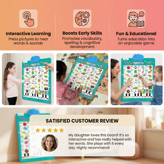 Toddler touching letter and animal sound buttons on interactive wall poster