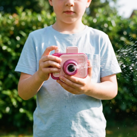 Yellow novelty water squirt camera toy shaped like a compact camera, front view