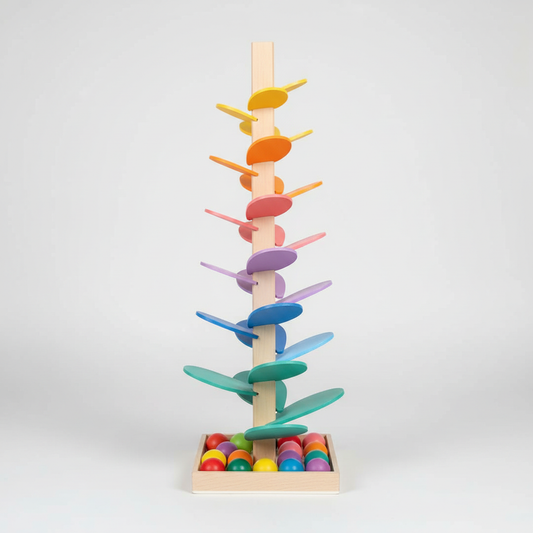 Side view of the wooden marble run showing the ramp structure and support base