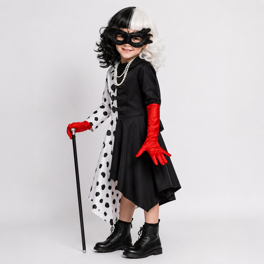 Kids' Halloween Cruella costume dress with dalmatian spots, front view