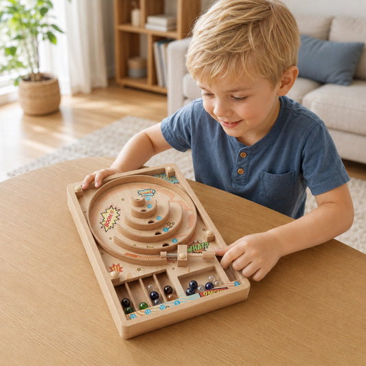 Wooden pinball game with marbles and launcher, front view