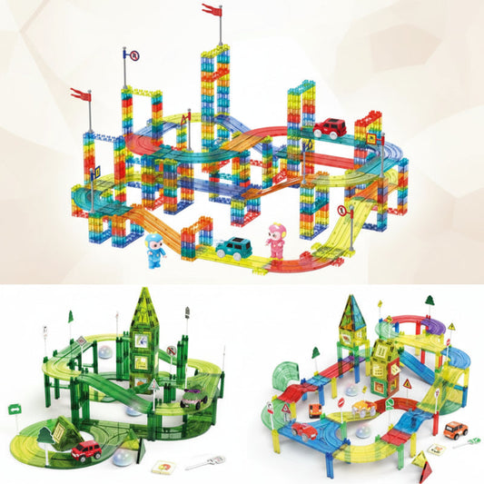 Child assembling magnetic track pieces on table