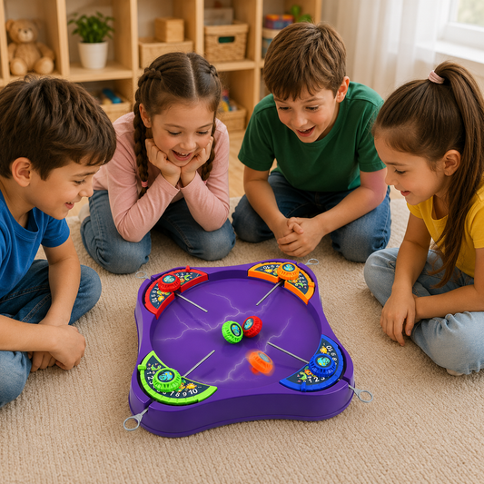 Four kids playing the Spin Arena spinning top game together on the floor