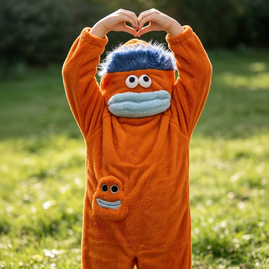 kids' onesie with fun monster design, back view