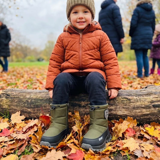 Olive green kids' snow boots with nylon upper, side view
