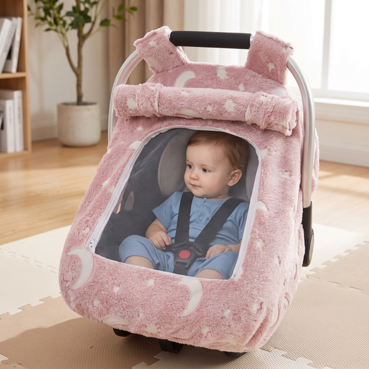 Infant car seat cover with moon and star print, front view