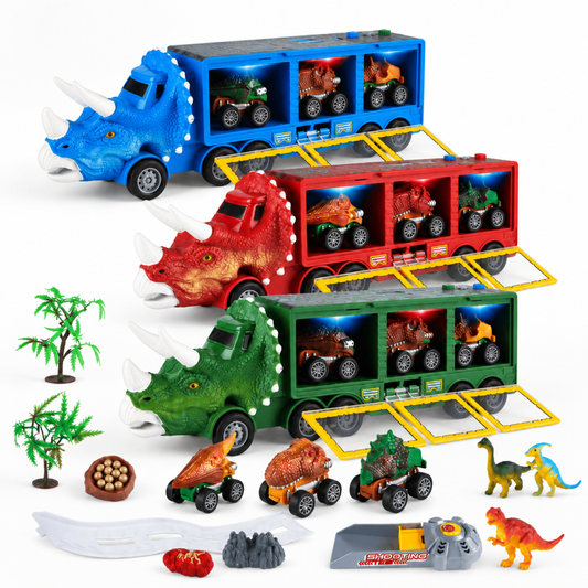 Dinosaur-themed toy truck with mini vehicles, front view