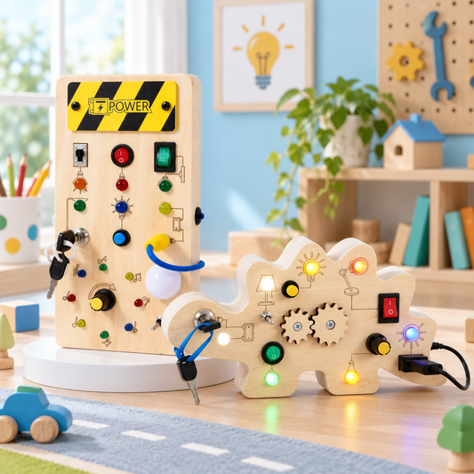 Power Panel and Dinosaur wooden busy boards displayed together in a playroom setting