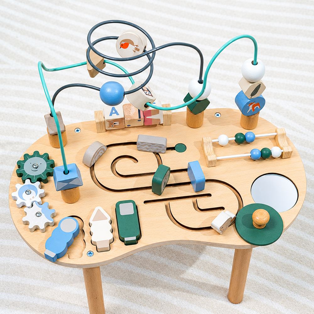 Wooden Activity Table with Bead Maze, Gears & Abacus