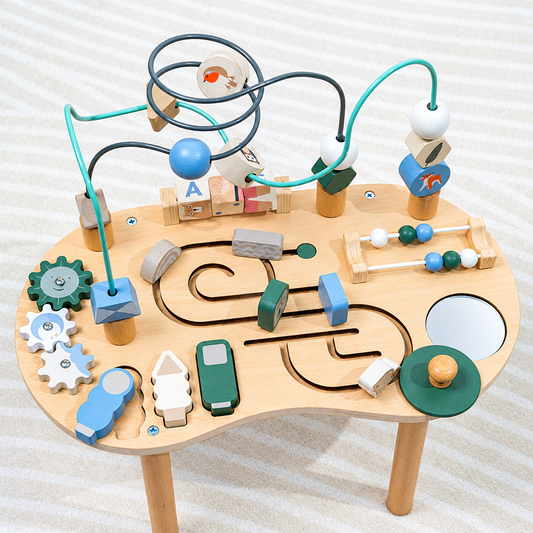 Wooden activity table on four wooden legs with bead maze, gears, and sliding track maze on a kidney-shaped tabletop