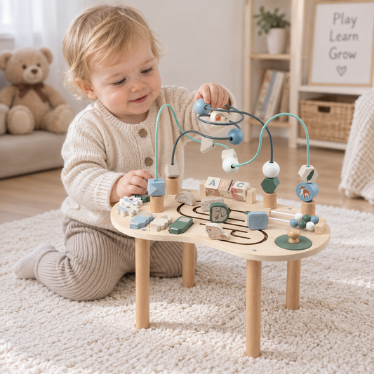 Baby sitting on a rug playing with the bead maze loop on the wooden activity table in a nursery setting
