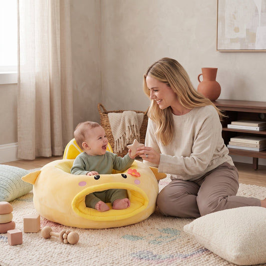 Mother playing with baby seated in yellow lemon-design support chair