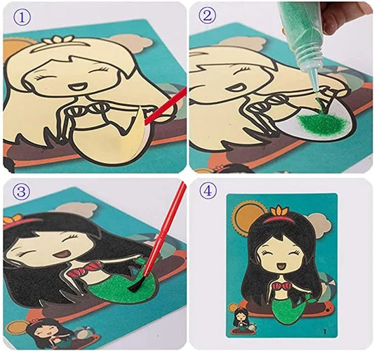 Finished sand art picture with a colorful mermaid design created using layered colored sand