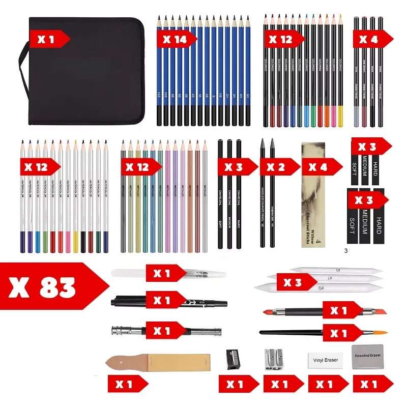 Art kit open case with pencils and pastels