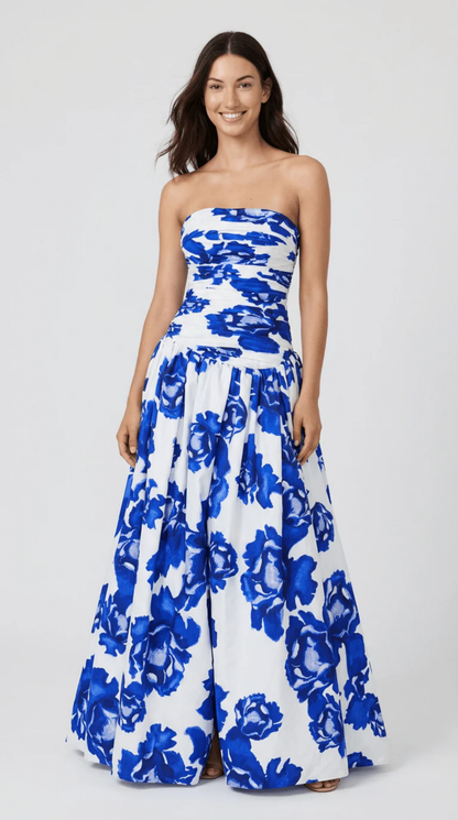 Strapless Floral Maxi Dress Women – Bold Blue Print & Full Sweep Skirt, Summer Wedding Guest Boho