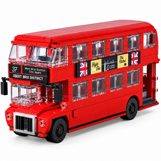 Red British double-decker bus building block model, side view