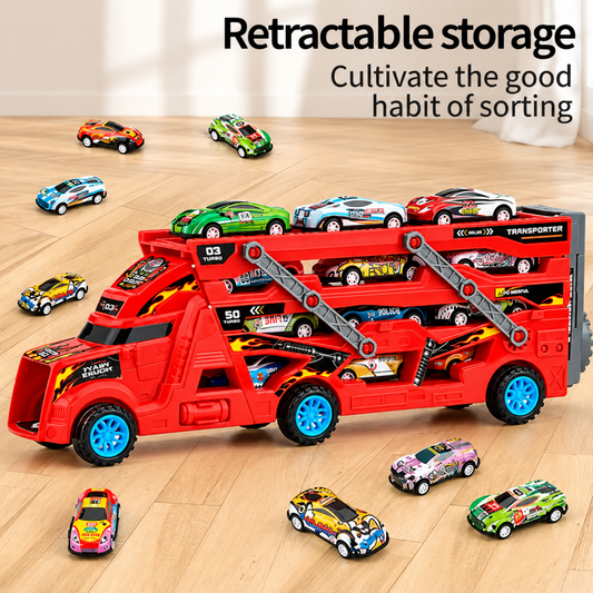 Red transforming truck transporter playset with retractable storage and mini racing cars