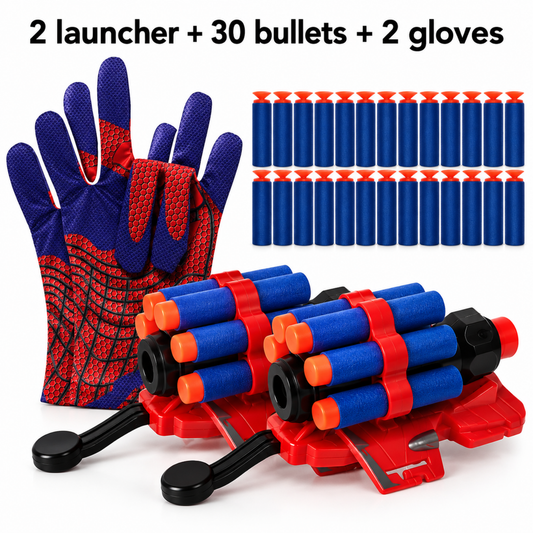 Two red and blue superhero-style cosplay gloves with two dart launchers and 30 foam darts