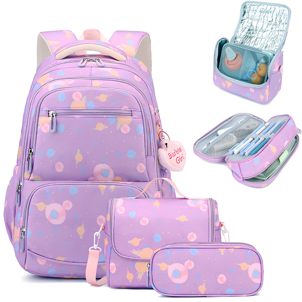 Three-Piece Cartoon Print School Backpack Set