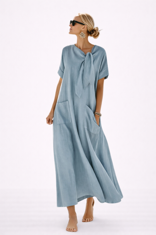 Flowy Maxi Dress Women – Adjustable Tie-Waist & Deep Side Pockets, Patio Season Cottage Casual