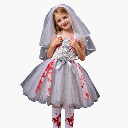 Girls horror bride Halloween costume with veil and bloody tulle dress, front view
