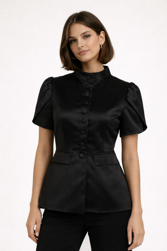 High-Neck Button Blouse Women – Structured Fit & Front Button Detail, Office Chic Elegant
