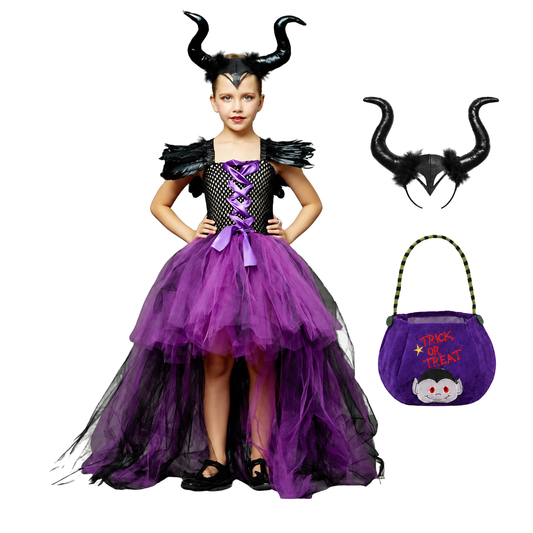 Evil Queen Halloween Costume with Horned Headband & Trick-or-Treat Bag