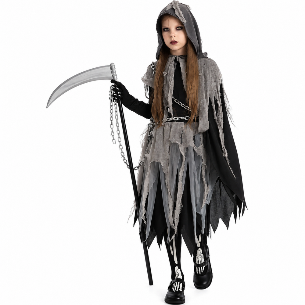 Girls Grim Reaper Halloween Costume - Hooded Dress with Chain, Gloves & Scythe