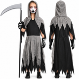 Kids Grim Reaper Halloween Costume - Hooded Tattered Dress with Skeleton Gloves & Scythe thumbnail 3