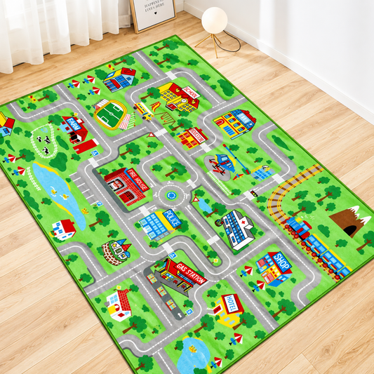 grey road print kids city play rug with car tracks