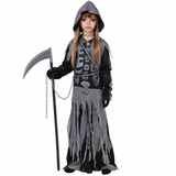 Girls Skeleton Grim Reaper Costume - Hooded Dress with Scythe, Chain & Gloves thumbnail 2