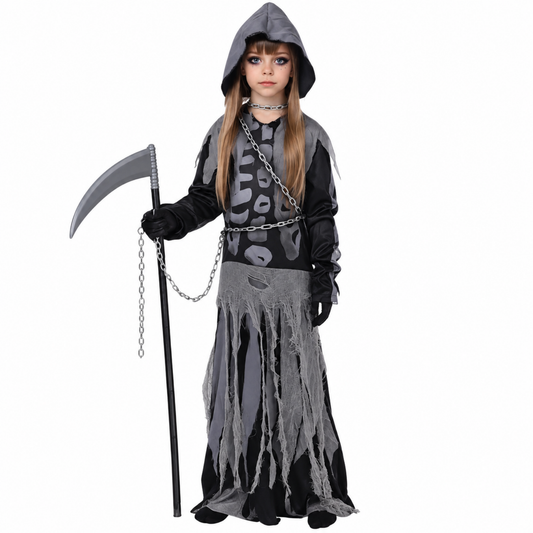 Girls skeleton Grim Reaper costume, back view