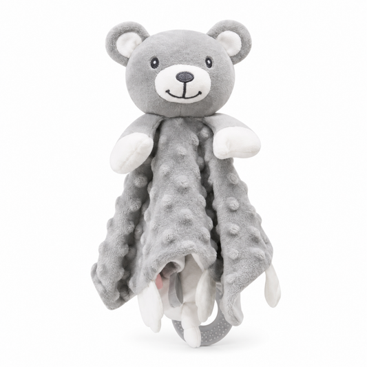 Personalised grey bear baby comforter with embroidered name